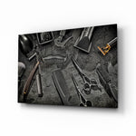 Art of barbering flat-lay cinematic glass wall art above barbershop leather chair