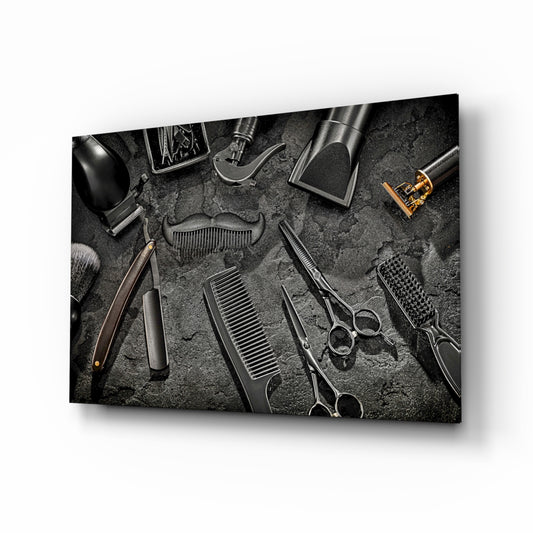 Art of barbering flat-lay cinematic glass wall art above barbershop leather chair