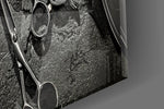 Polished-steel grooming cinematic glass wall art in master-bathroom