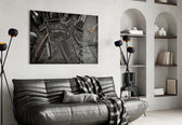 Heritage barber-tools glass wall art in vintage-themed hallway