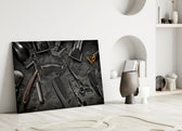 Classic grooming flat-lay cinematic glass wall art in designer powder-room