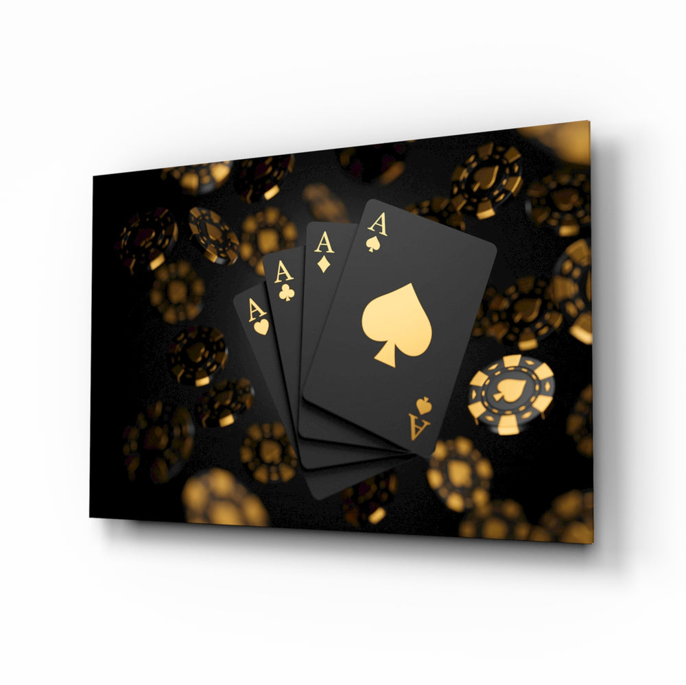 Black gold aces casino cinematic glass wall art above home bar back-counter