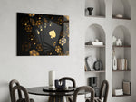 Gold-and-onyx cards cinematic glass wall art over master-bedroom headboard