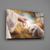 Devotional hand-and-lamb glass wall art in chapel corner