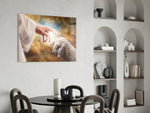 Gold-cloud devotional cinematic glass wall art over master-bedroom headboard
