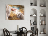 Gold-cloud devotional cinematic glass wall art over master-bedroom headboard