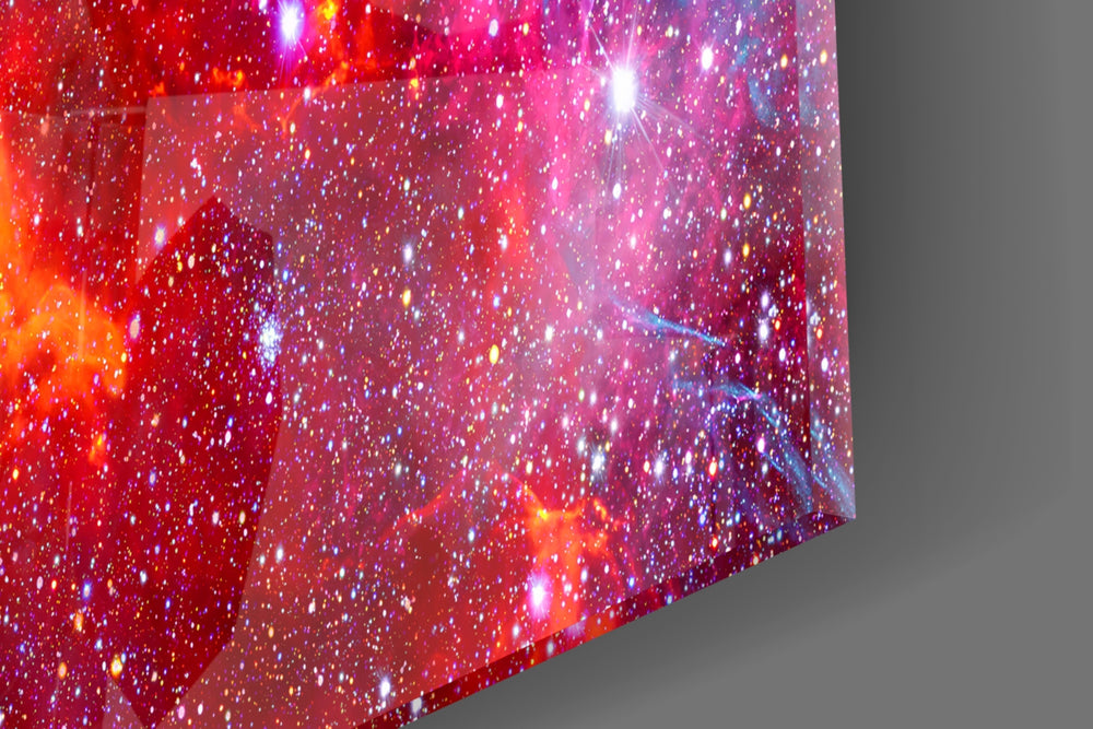 Crimson-cosmic glass wall art over modern dining sideboard