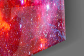 Crimson-cosmic glass wall art over modern dining sideboard