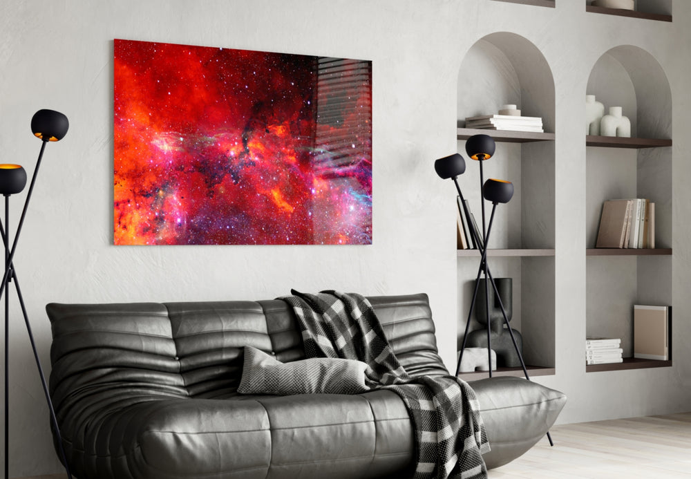 Cosmic deep-field cinematic glass wall art in science-themed library