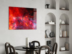 Magenta-and-cyan galaxy cinematic glass wall art over master-bedroom headboard