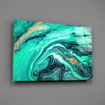 Teal-and-onyx alcohol-ink glass wall art over walnut sideboard in glamorous lounge