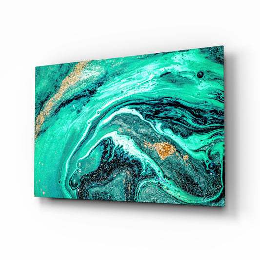Turquoise gold fluid-marble cinematic glass wall art above ivory boucle sofa