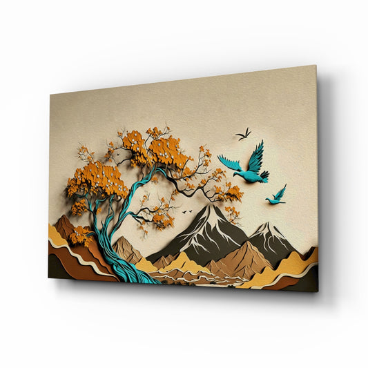 Paper-cut mountain landscape cinematic glass wall art above linen sofa in designer lounge