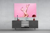 Couture-pink cinematic glass wall art in young-woman's dressing room