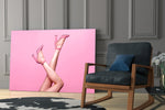 Feminine-luxe editorial cinematic glass wall art in fashion-house reception