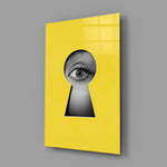 Pop-graphic surveillance cinematic glass wall art in creative-agency entry