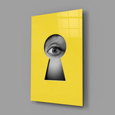 Pop-graphic surveillance cinematic glass wall art in creative-agency entry