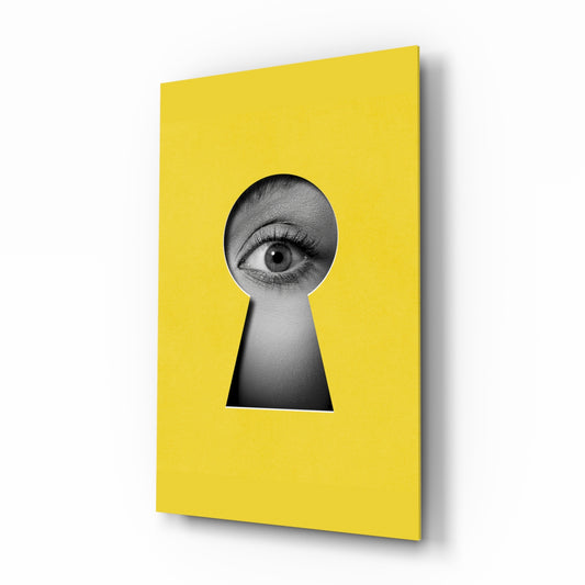 Keyhole eye yellow pop cinematic glass wall art over walnut console in designer office