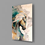 Fluid-art equine portrait cinematic glass wall art in glamorous bedroom