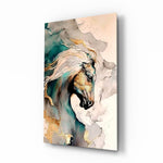 Arabian horse teal-gold marble cinematic glass wall art in equestrian-themed study