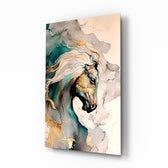 Arabian horse teal-gold marble cinematic glass wall art in equestrian-themed study