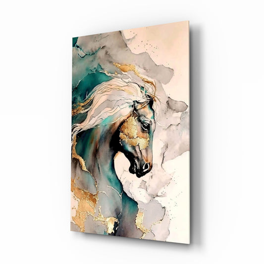 Arabian horse teal-gold marble cinematic glass wall art in equestrian-themed study