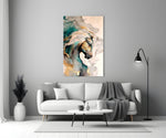 Teal-and-gold horse cinematic glass wall art over walnut console in designer office