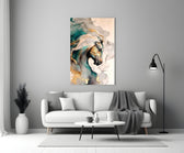 Teal-and-gold horse cinematic glass wall art over walnut console in designer office