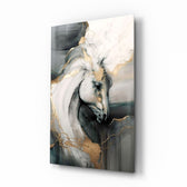 White horse marble-gold cinematic glass wall art in equestrian-themed study