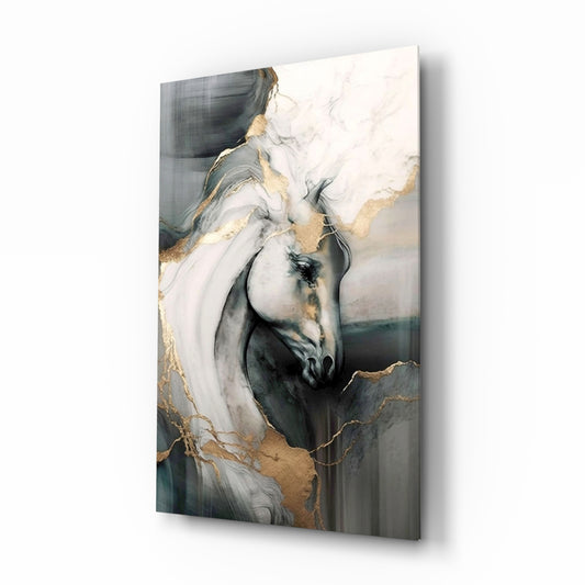 White horse marble-gold cinematic glass wall art in equestrian-themed study