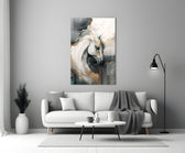 Ivory-and-gold horse cinematic glass wall art over walnut console in designer office