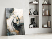 Marble horse-portrait cinematic glass wall art in country-house library