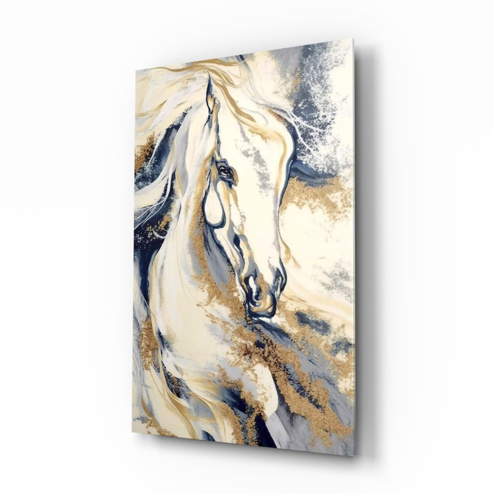 Flowing mane horse marble cinematic glass wall art in equestrian-themed study
