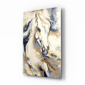 Flowing mane horse marble cinematic glass wall art in equestrian-themed study