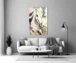 Cobalt-and-gold horse cinematic glass wall art over walnut console in designer office