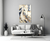Cobalt-and-gold horse cinematic glass wall art over walnut console in designer office