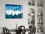 Sea-photography cinematic glass wall art over master-bedroom headboard