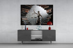 Legal cinematic glass wall art in firm reception lobby