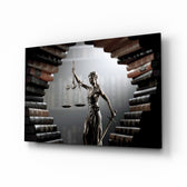 Lady Justice law-books cinematic glass wall art above leather chair in law-firm office