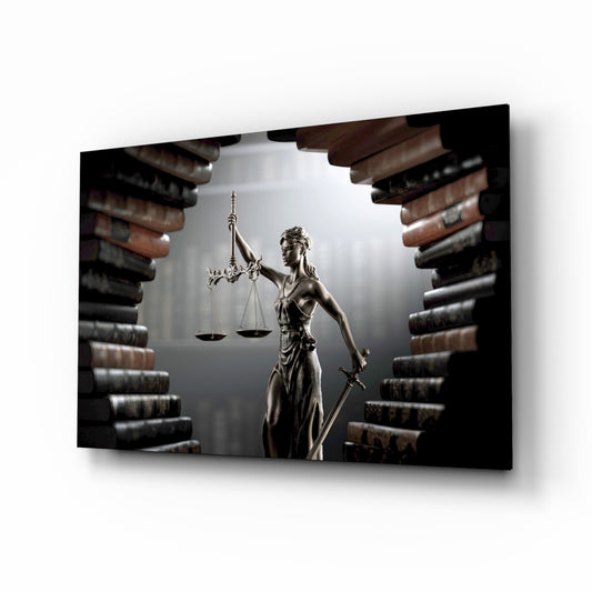Lady Justice law-books cinematic glass wall art above leather chair in law-firm office