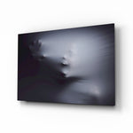 Silent scream veiled figure cinematic glass wall art above black media console