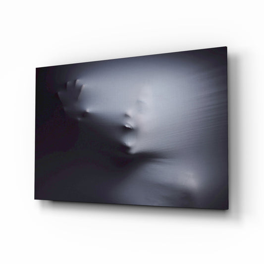Silent scream veiled figure cinematic glass wall art above black media console