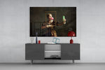 Witty Renaissance cinematic glass wall art in creative-studio reading nook