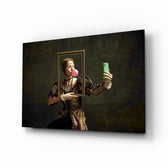 Modern Mona Lisa selfie cinematic glass wall art over walnut console in creative office