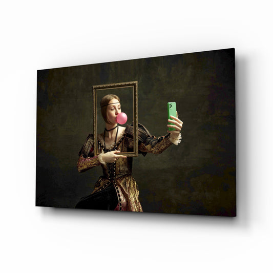Modern Mona Lisa selfie cinematic glass wall art over walnut console in creative office