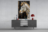 Gold-foil safari cinematic glass wall art in country-house library