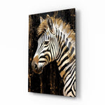 Gold zebra portrait cinematic glass wall art above linen sofa in designer lounge