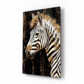 Gold zebra portrait cinematic glass wall art above linen sofa in designer lounge