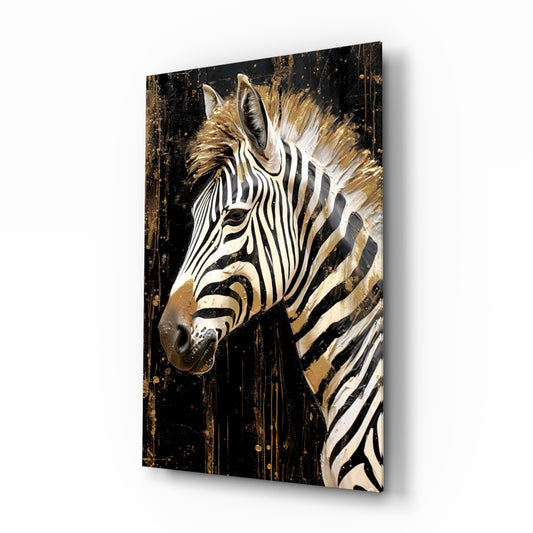 Gold zebra portrait cinematic glass wall art above linen sofa in designer lounge