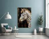 Charcoal-and-gold zebra cinematic glass wall art in heritage hallway
